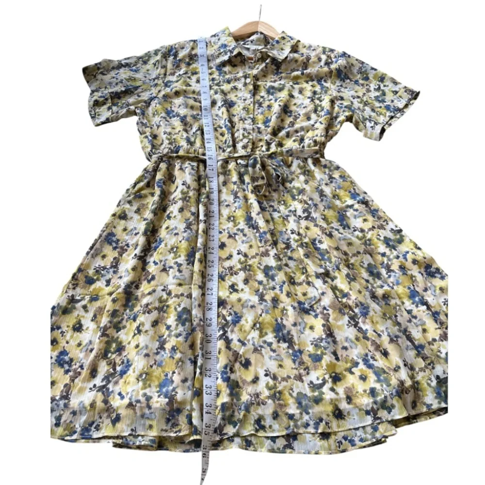 RW&Co Short Sleeved Button Down Chiffon Dress Floral Dress with Belt Sz L - Picture 10 of 11